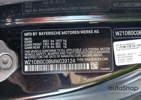 2021 Toyota Gr Supra 3.0 Premium z USA, uszkodzony, nr VIN WZ1DB0C08MW039124